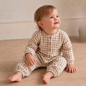 Organic Long Sleeve Button Romper - Oat Gingham