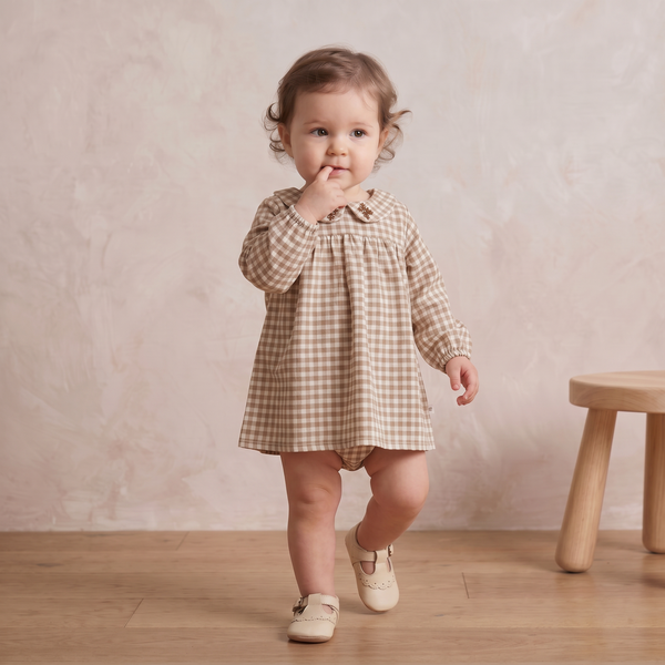 Organic Peter Pan Collar Dress - Oat Gingham