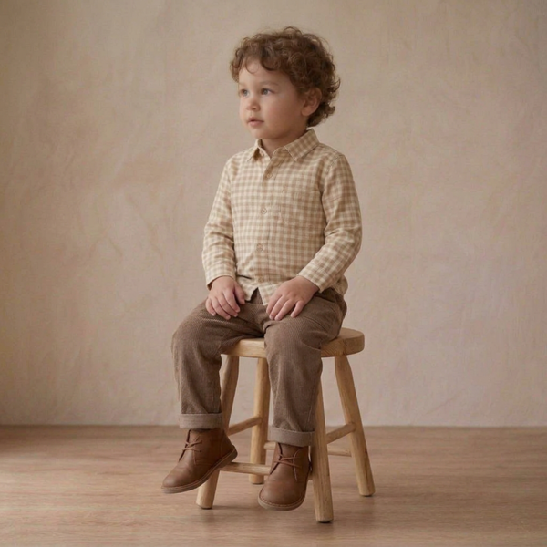 Organic Collared Long Sleeve Shirt - Oat Gingham