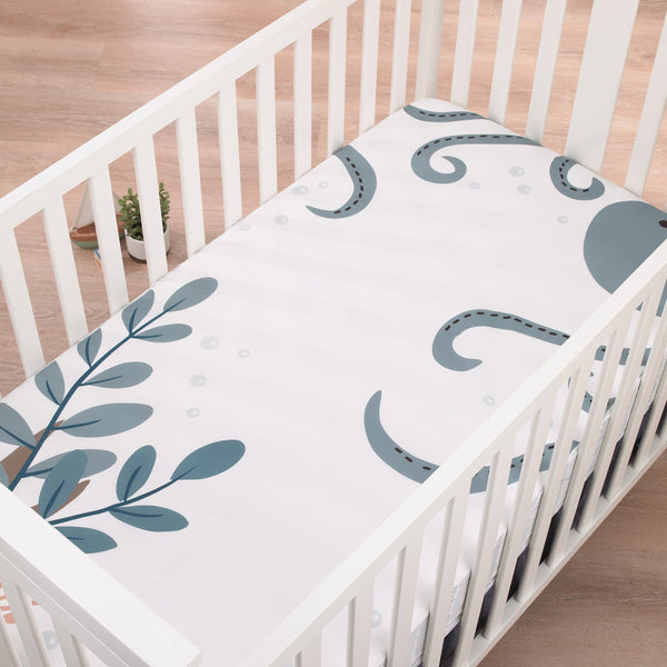 Explore Dream Discover Light Blue, Navy, and White Octopus 100% Cotton Nursery Photo Op Fitted Crib Sheet