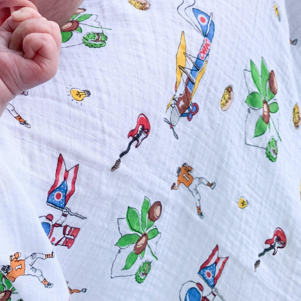 Gift Set: Ohio Baby Muslin Swaddle Receiving Blanket and Burp Cloth / Bib Combo Hospital Coming Home Essential