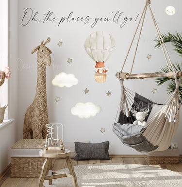 Baby animal in hot air balloon fabric wall art decals for nursery decor.