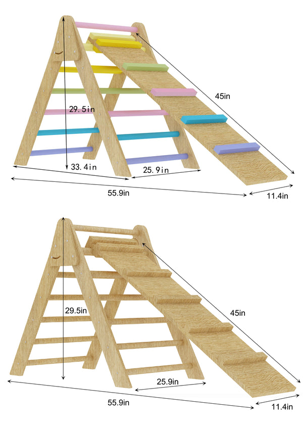 Olive Pikler Triangle Ladder and Climber Slide in multiple sizes, perfect for indoor play and development.
