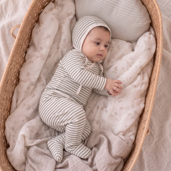Organic Kimono Top & Footed Pants Set - Olive Stripes