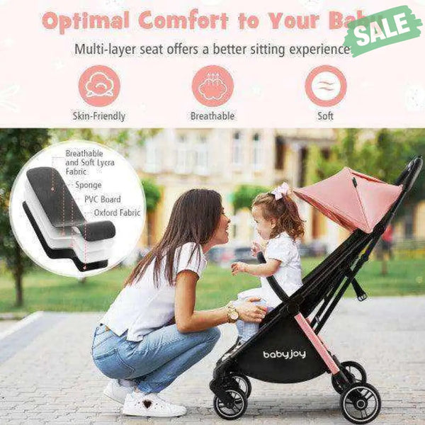 One-Hand Folding Portable Lightweight Baby Stroller with Aluminum Frame-Pink