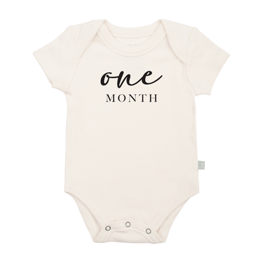 Charcoal graphic bodysuit for one-month milestone, short sleeve onesie for babies.