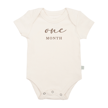 Taupe short sleeve graphic bodysuit for baby's one month milestone, perfect for adorable photo ops.