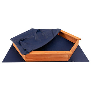 Hexagon Wooden Cedar Sand Box with Seat Boards - UV-Protected Cover