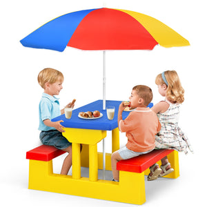 Kids picnic folding table and bench set with umbrella, perfect for outdoor play and family gatherings.