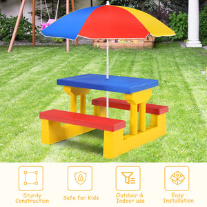 Kids picnic folding table and bench set with umbrella, perfect for outdoor fun and playtime. Angle 14 view.