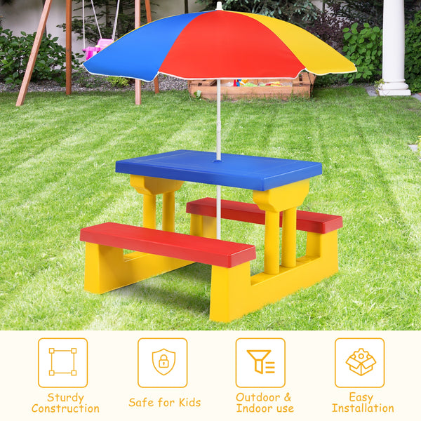 Kids picnic folding table and bench set with umbrella, perfect for outdoor fun and playtime. Angle 14 view.