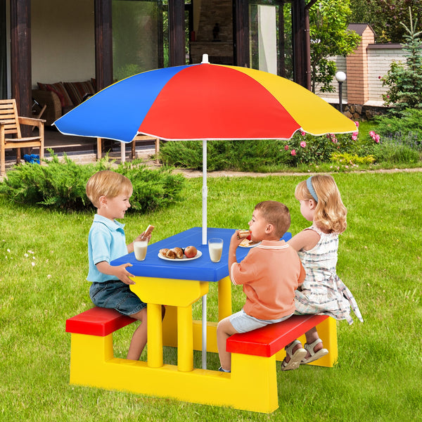 Kids picnic folding table and bench set with umbrella, perfect for outdoor play and family gatherings.