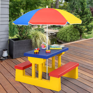 Kids picnic folding table and bench set with umbrella, perfect for outdoor play and family gatherings.