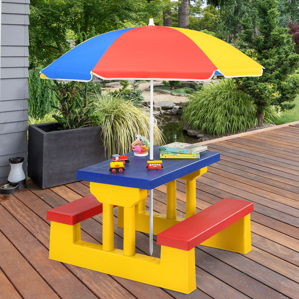 Kids picnic folding table and bench set with umbrella, perfect for outdoor play and family gatherings.