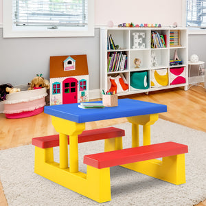 Kids picnic folding table and bench set with umbrella, perfect for outdoor play and family gatherings.