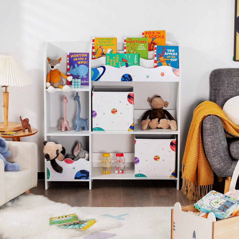 Kids toy and book organizer wooden storage cabinet with bins for children's room furniture.