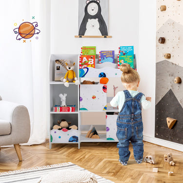 Kids toy and book organizer wooden storage cabinet with bins for children's room furniture.