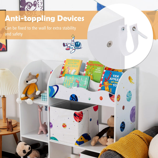 Wooden kids toy and book organizer with storage bins, angled view showcasing stylish and functional furniture for children.