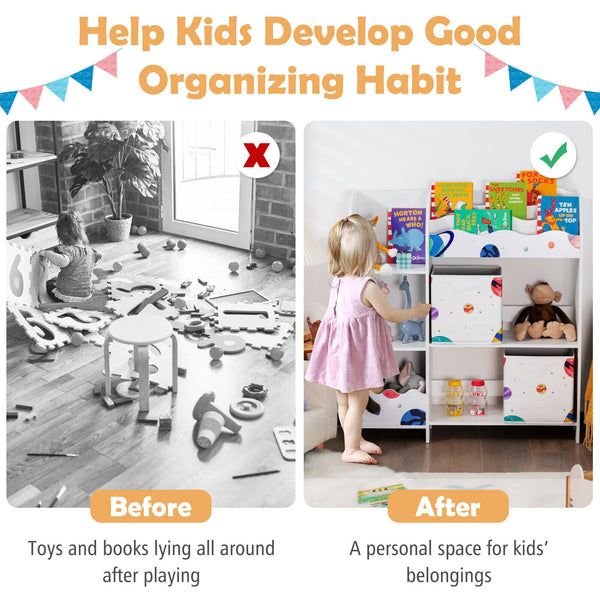 Wooden kids toy and book organizer with storage bins, angled view, perfect for children's rooms and play areas.