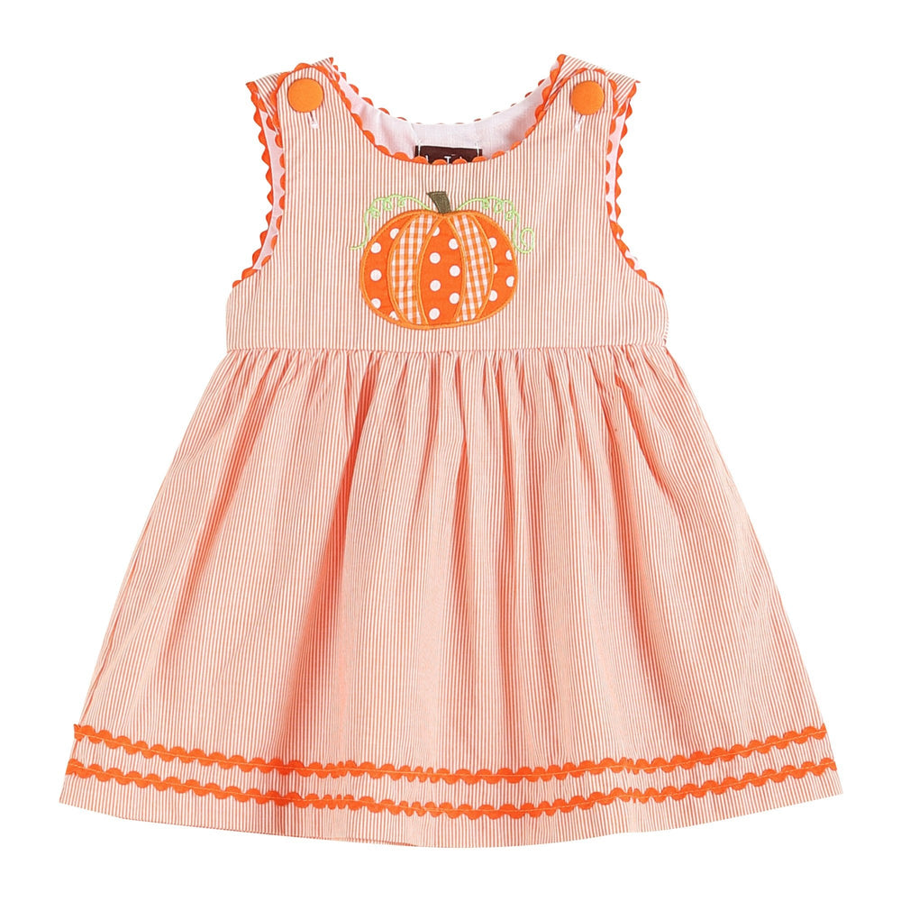 Orange Pinstripe Pumpkin Embroidered A-Line Dress