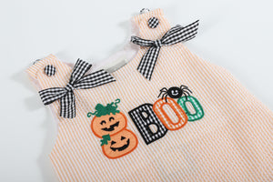 Orange Seersucker Halloween Boo Ruffle Dress