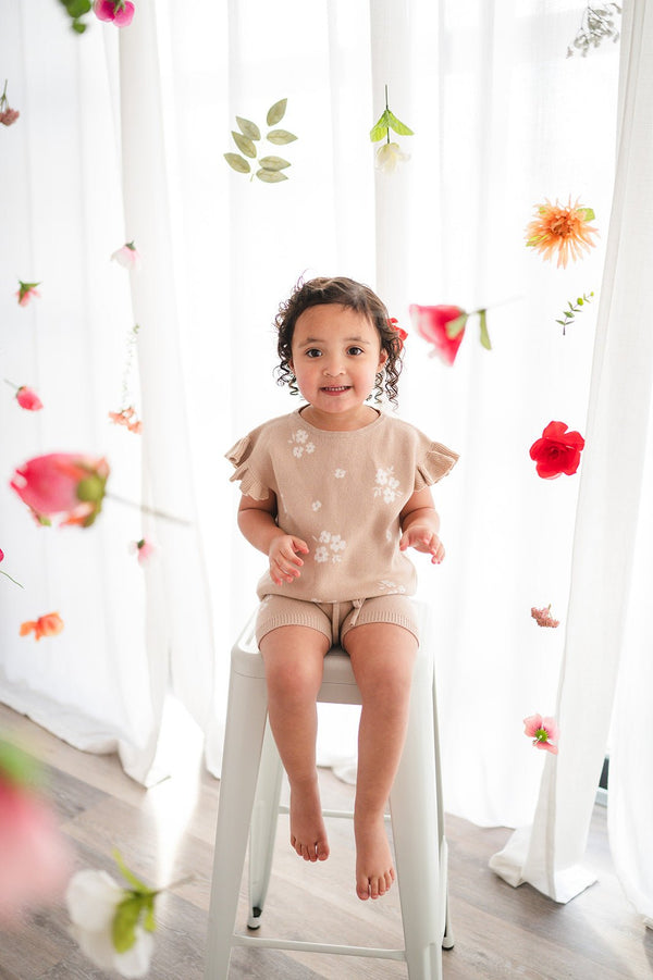 Organic Knit Short Set - Tan Floral
