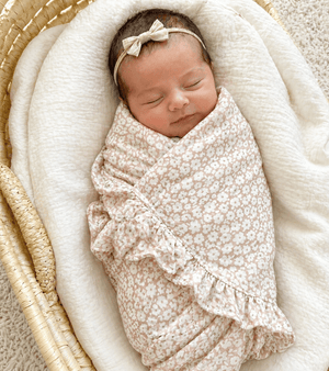 Organic Muslin Swaddle Blanket - Mocha Ditsy Floral Ruffle