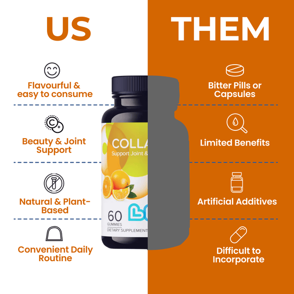 Orange collagen gummies for babies, angle 6 view showcasing vibrant color and chewy texture.