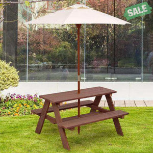 Outdoor 4-Seat Kid’s Picnic Table Bench with Umbrella Brown Kids Table & Chair Sets