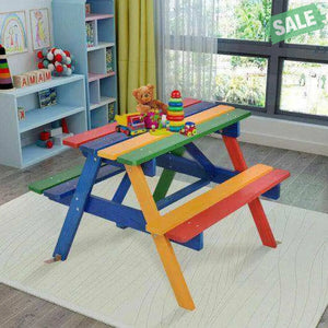 Outdoor 4-Seat Kid’s Picnic Table Bench with Umbrella Brown Kids Table & Chair Sets