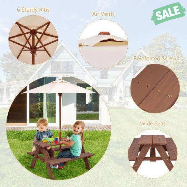 Outdoor 4-Seat Kid’s Picnic Table Bench with Umbrella Brown Kids Table & Chair Sets