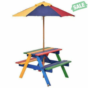 Outdoor 4-Seat Kid’s Picnic Table Bench with Umbrella Brown Kids Table & Chair Sets