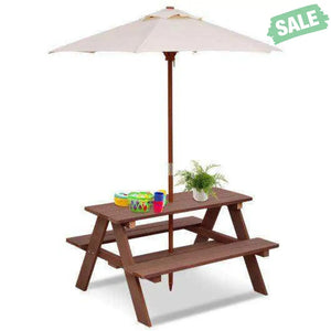 Outdoor 4-Seat Kid’s Picnic Table Bench with Umbrella Brown Kids Table & Chair Sets