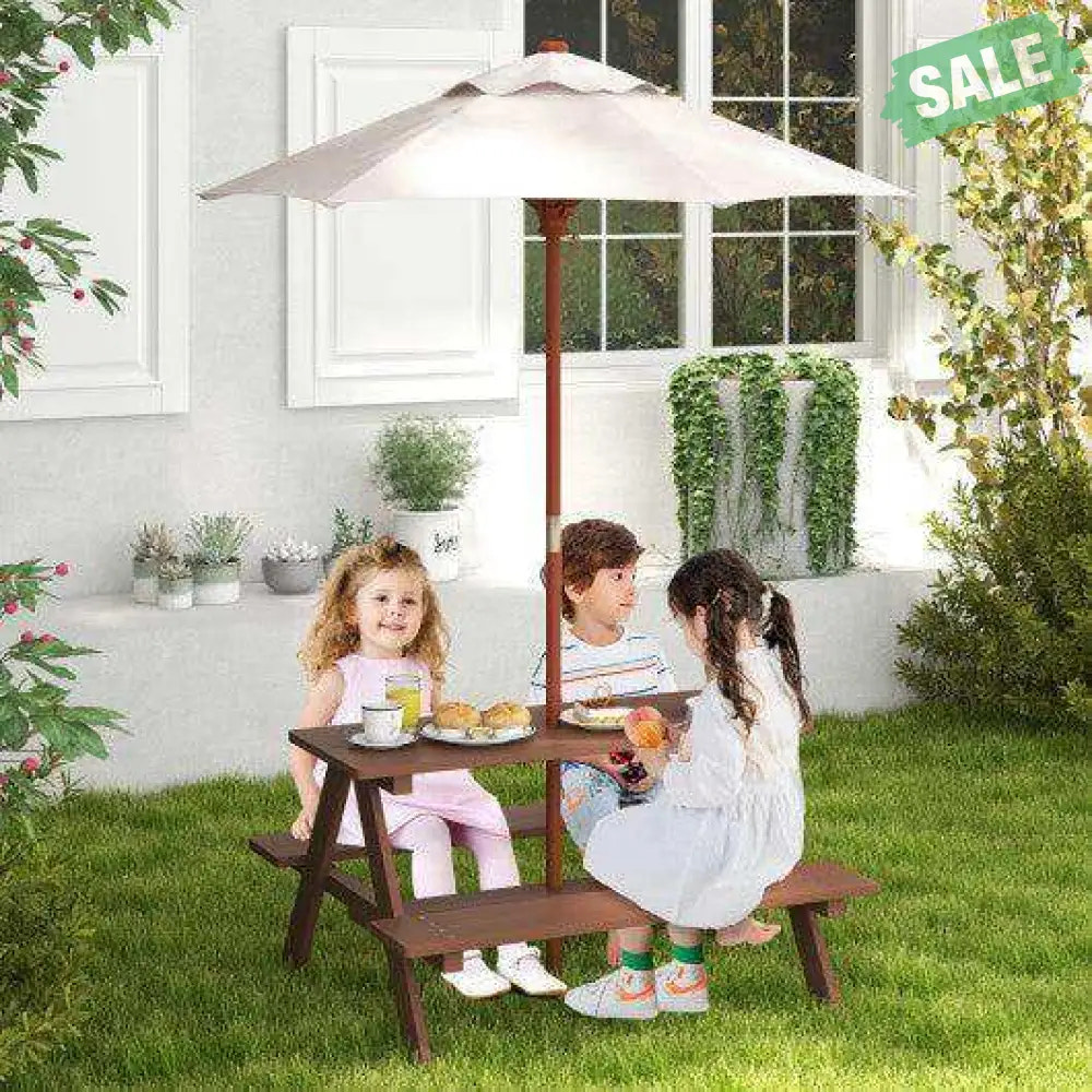 Outdoor 4-Seat Kid’s Picnic Table Bench with Umbrella Brown Kids Table & Chair Sets