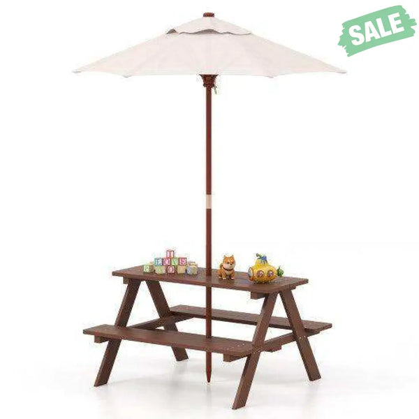 Outdoor 4-Seat Kid’s Picnic Table Bench with Umbrella Brown Kids Table & Chair Sets