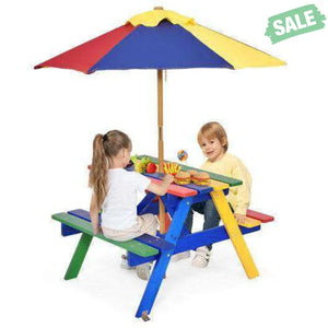 Outdoor 4-Seat Kid’s Picnic Table Bench with Umbrella Brown Kids Table & Chair Sets