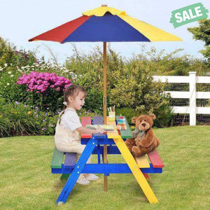 Outdoor 4-Seat Kid’s Picnic Table Bench with Umbrella Brown Kids Table & Chair Sets