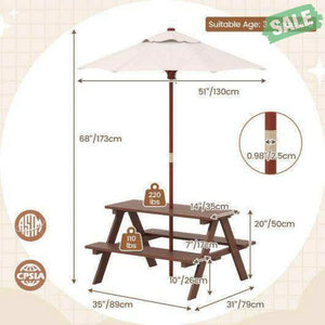 Outdoor 4-Seat Kid’s Picnic Table Bench with Umbrella Brown Kids Table & Chair Sets