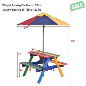 Outdoor 4-Seat Kid’s Picnic Table Bench with Umbrella Brown Kids Table & Chair Sets