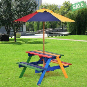 Outdoor 4-Seat Kid’s Picnic Table Bench with Umbrella Brown Kids Table & Chair Sets