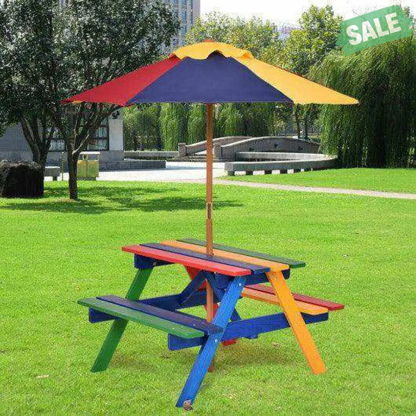 Outdoor 4-Seat Kid’s Picnic Table Bench with Umbrella Brown Kids Table & Chair Sets