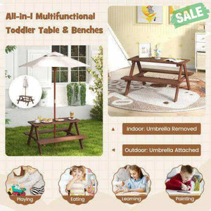 Outdoor 4-Seat Kid’s Picnic Table Bench with Umbrella Brown Kids Table & Chair Sets