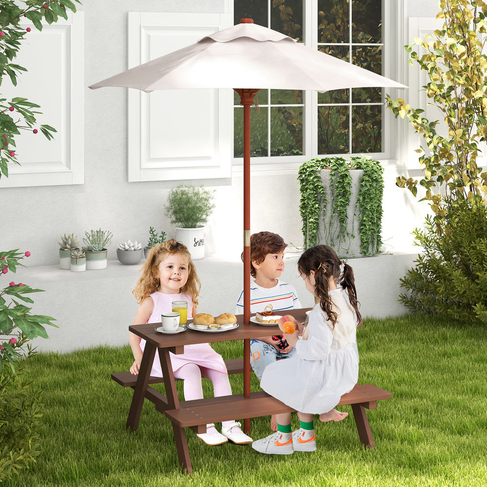 Outdoor 4-seat kid's picnic table bench with umbrella for fun family gatherings and playtime.