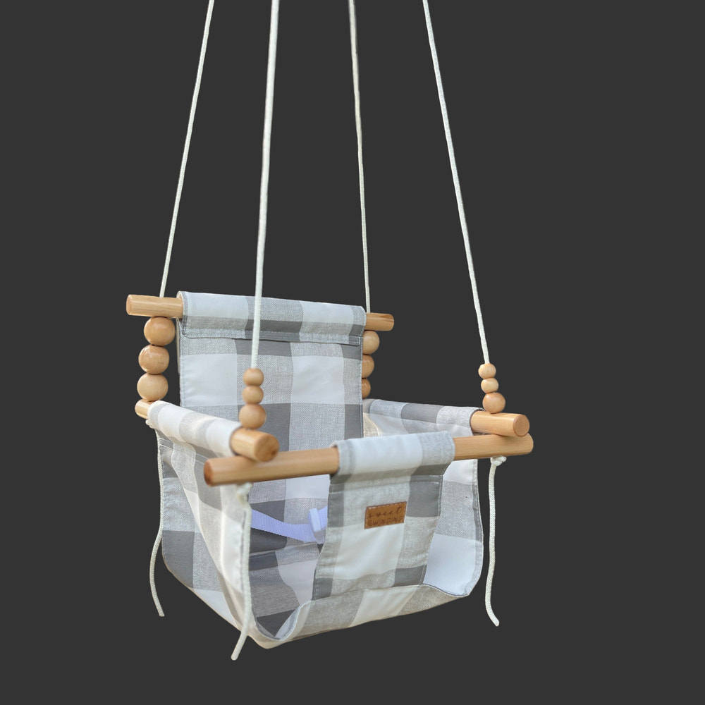 Outdoor high back baby and toddler swing in gray buffalo check, perfect for pre-order.