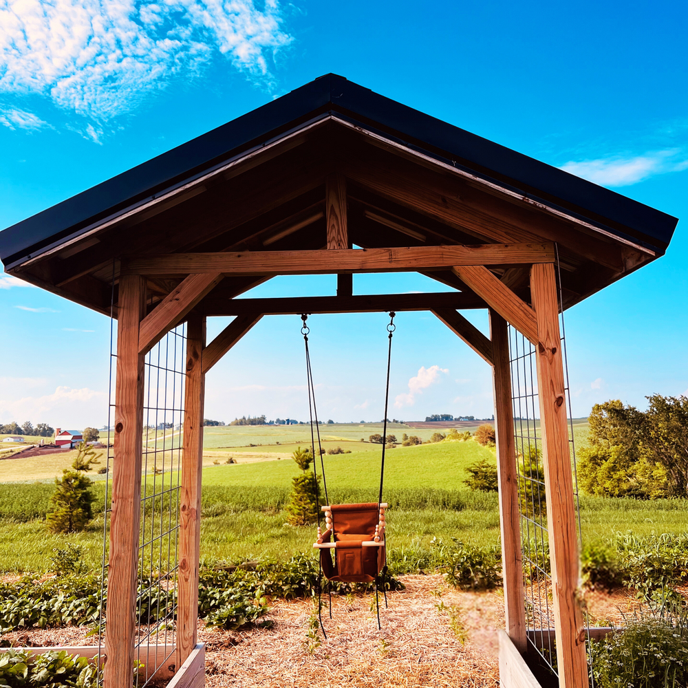 Premium Outdoor High Back Swing in Nutmeg color, perfect for babies and toddlers, offering comfort and safety.