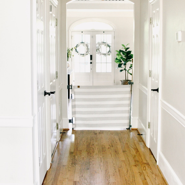 Stylish Crypton® Fabric Baby & Pet Safety Gate, stain-resistant, PFAS-free, fits openings 27.6" to 55", 33" tall.