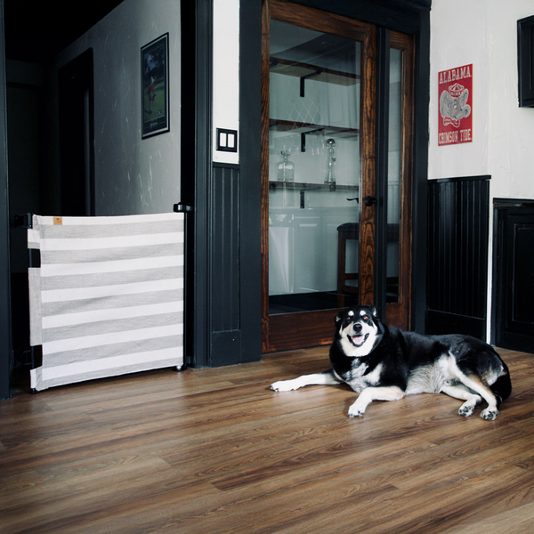 Stylish Crypton® Fabric Baby & Pet Safety Gate, stain-resistant, PFAS-free, fits openings 27.6"-55", 33" tall.