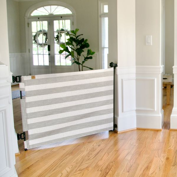 Stylish Crypton® Fabric Baby & Pet Safety Gate, stain-resistant, PFAS-free, fits openings 27.6"-55", stands 33" tall.