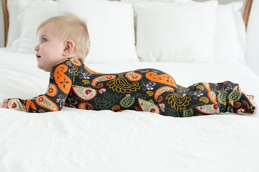 Paisley Bamboo Viscose Zippies for babies, soft and stylish toddler clothing in a vibrant design.