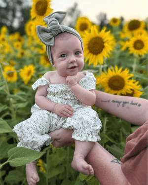 Paisley Smocked Ruffle Jumpsuit - White with Green Leaves